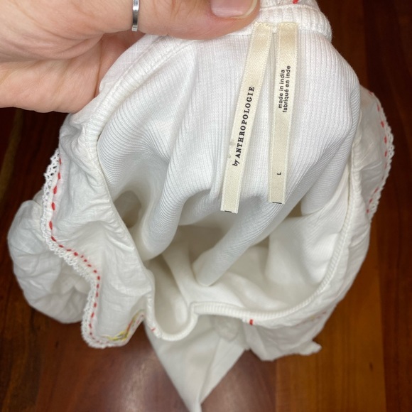 Anthropologie White Puff Sleeve Top Embroidered Woven Cotton Collar Size L - Picture 4 of 7